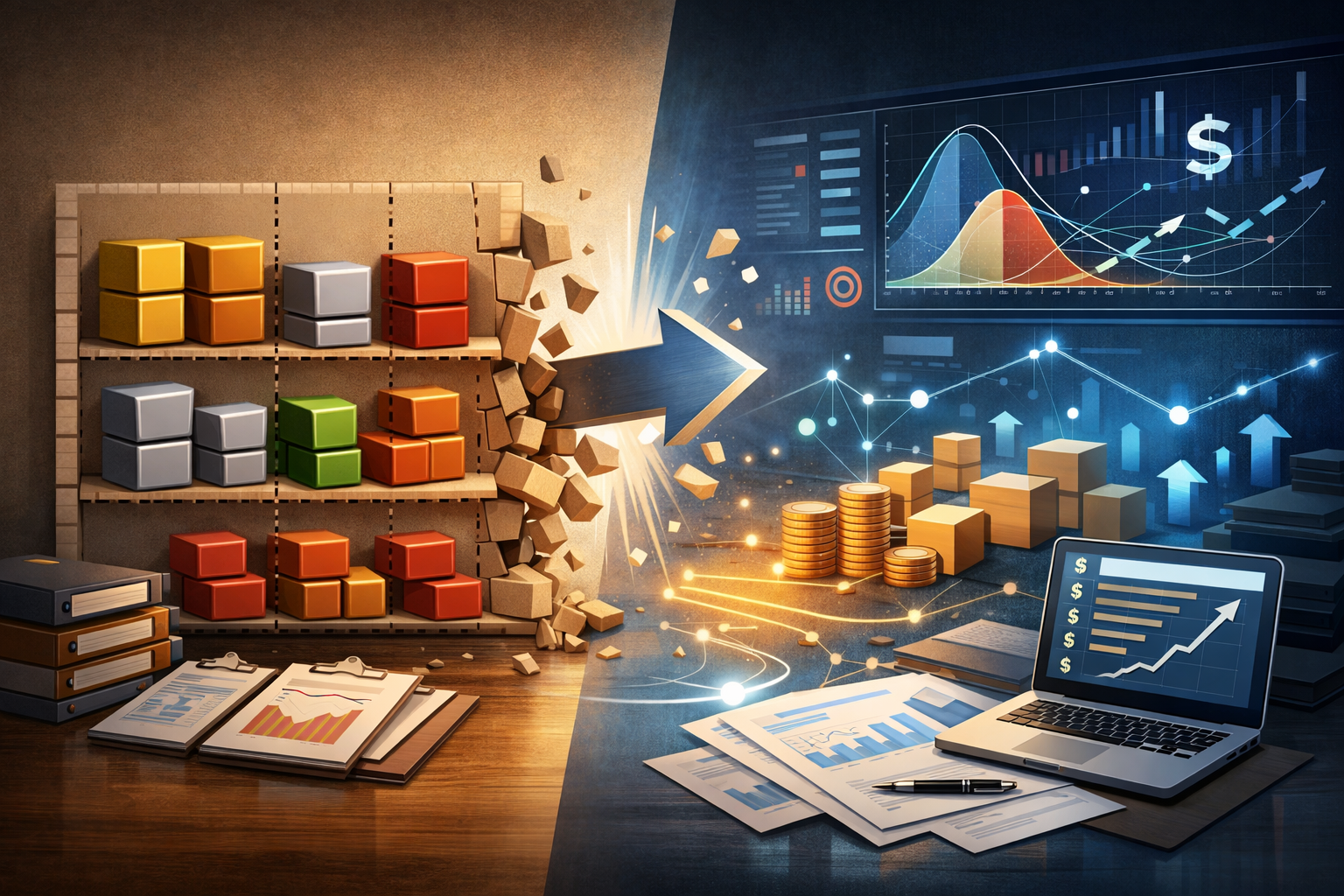 Arrow breaking rigid boxes into fluid data flows
