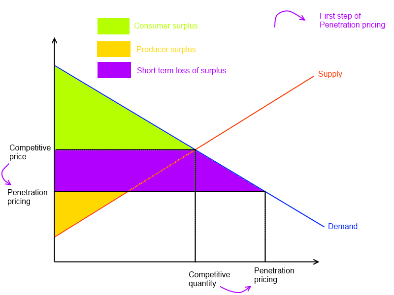 The initial decrease in price leads to a short-term loss of economic surplus but an increase in demand