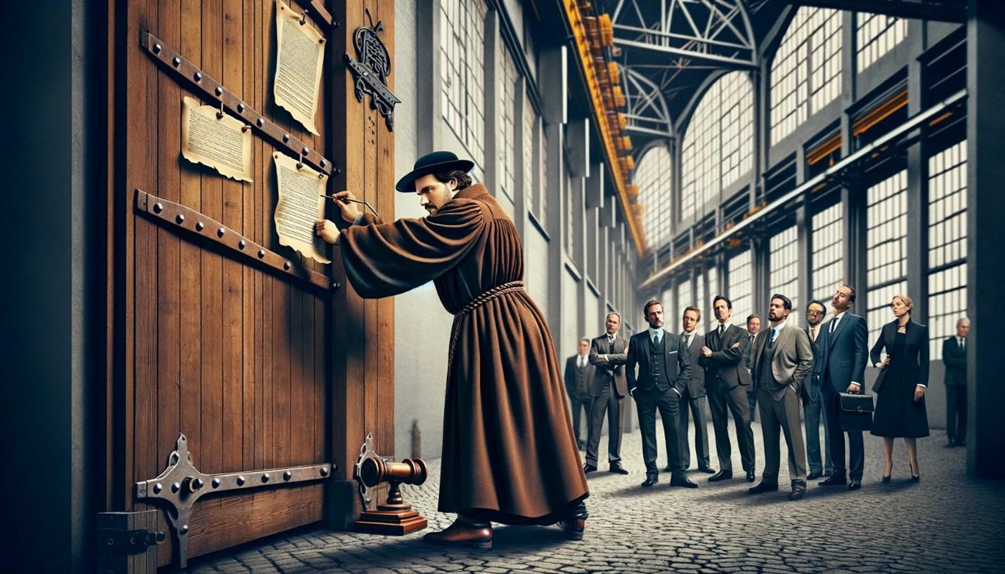Ein Mann befestigt eine gedruckte Liste an den Türen einer Fabrik, während Fachleute im Hintergrund beobachten. Die Szene erinnert an Martin Luther.
