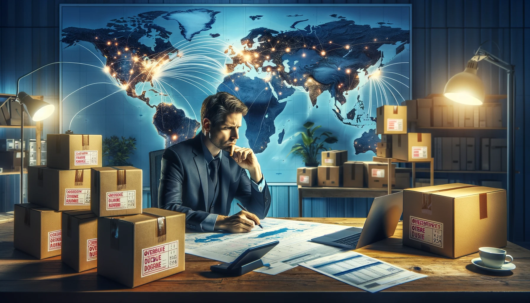 Ein Mann, der versucht, Zuteilungsrouten für große Mengen unversandter Bestände zu optimieren.