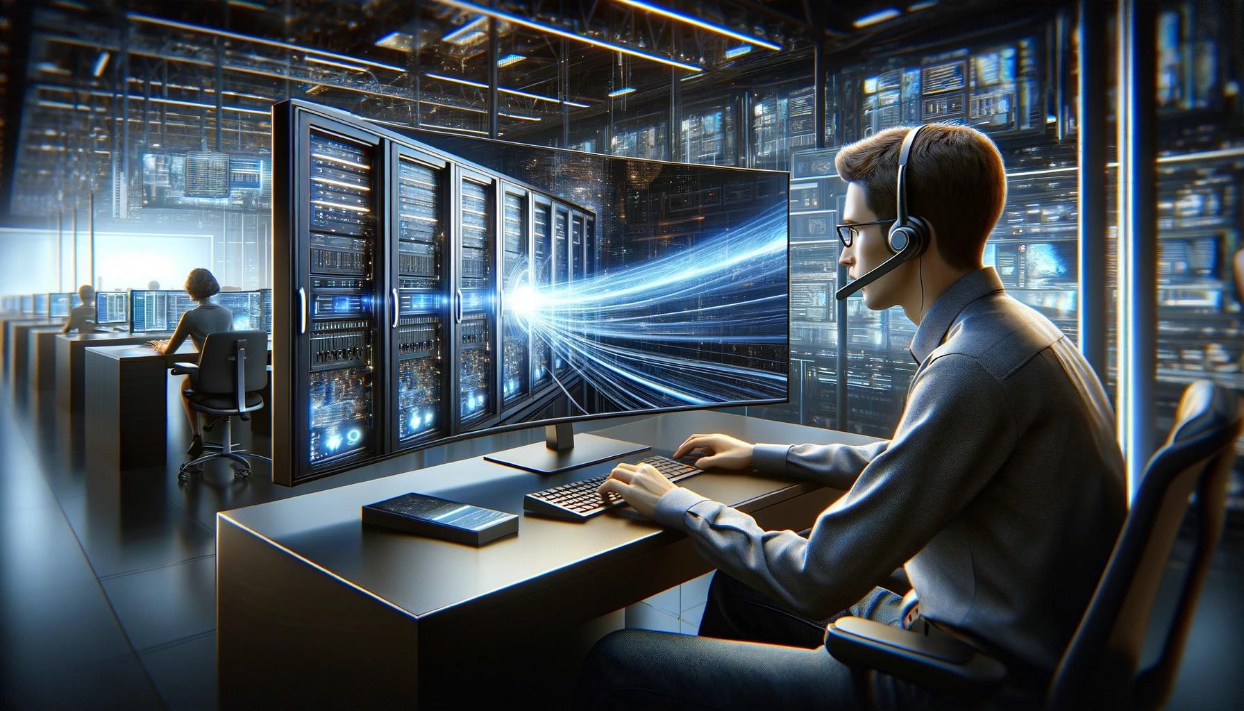 ヘッドセットを装着し、コンピュータで作業するサポートサービス担当者