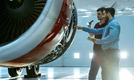 Aerospace mechanics working on aircraft engine