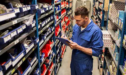 Automotive aftermarket warehouse worker checking inventory